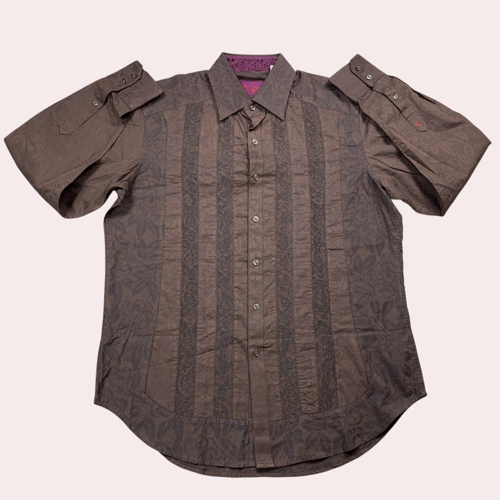 Robert Graham Shirt Mens M Brown Jacquard Floral Pintuck Guayabera Long Sleeve